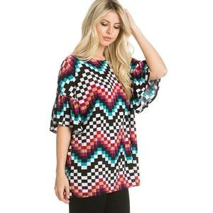 AZULES O'Neck Small Red Chevron Print Bell Sleave Popover Top